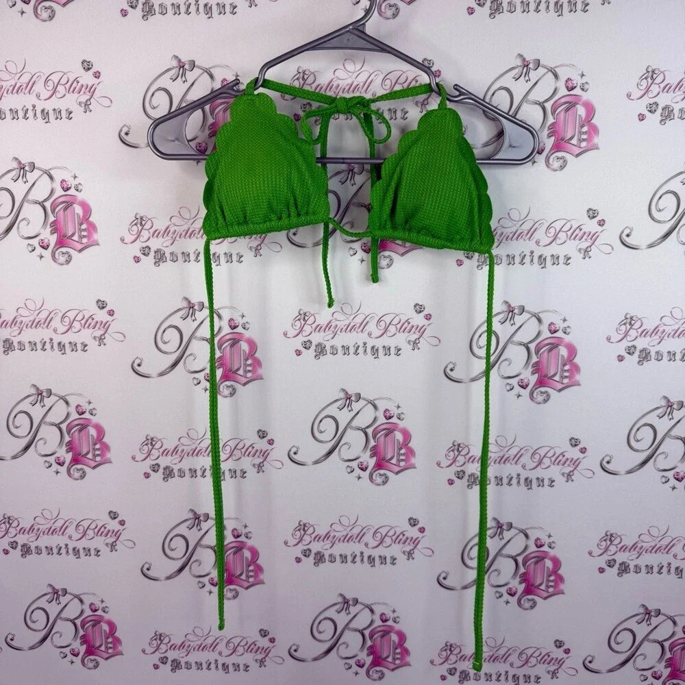 Aerie bikini, top textured fabric tie up Vibrant Green Scalloped Bikini Top